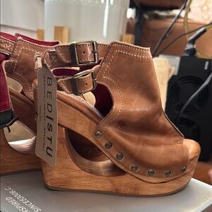 BED|STU Tan Leather Mules with Wooden Platform